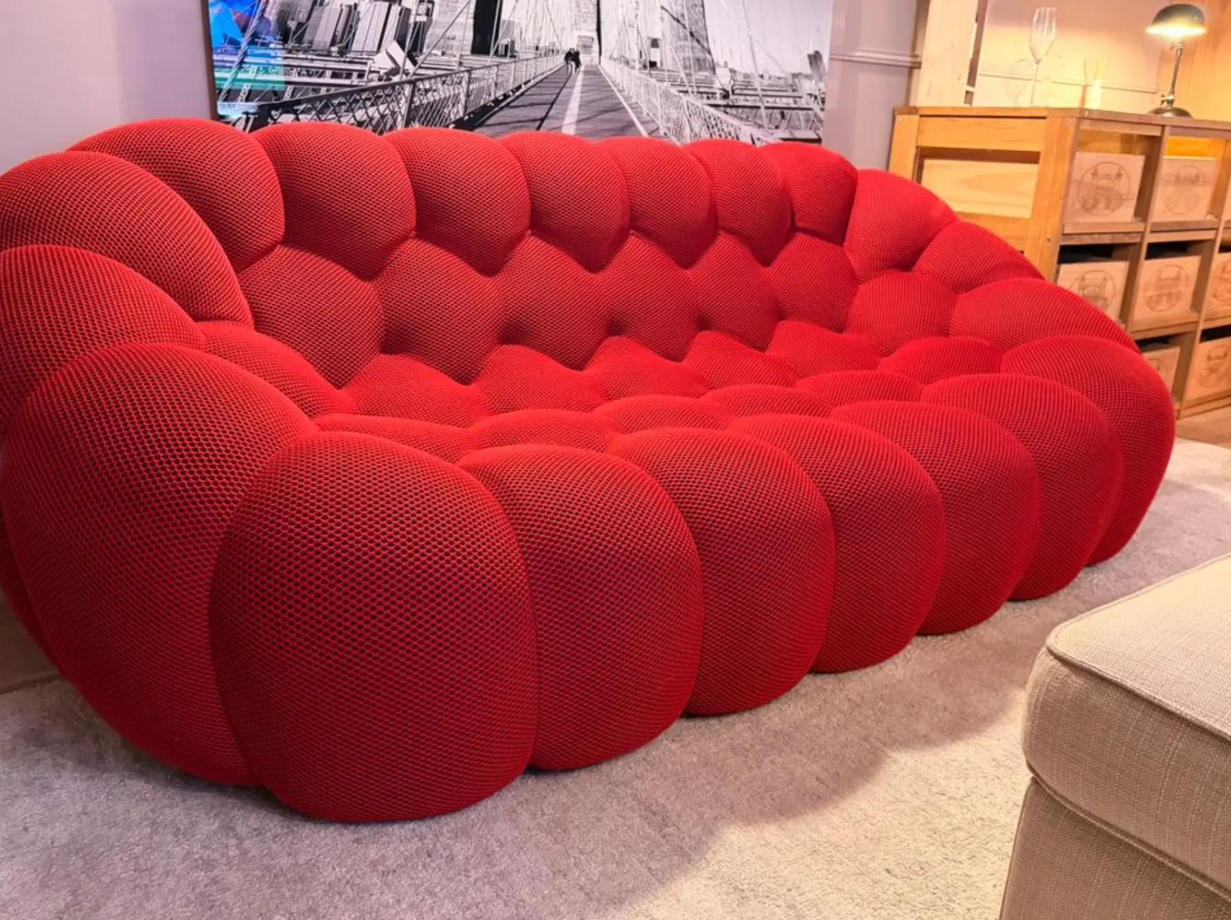 Canapé rouge aux formes organiques installé dans un salon
