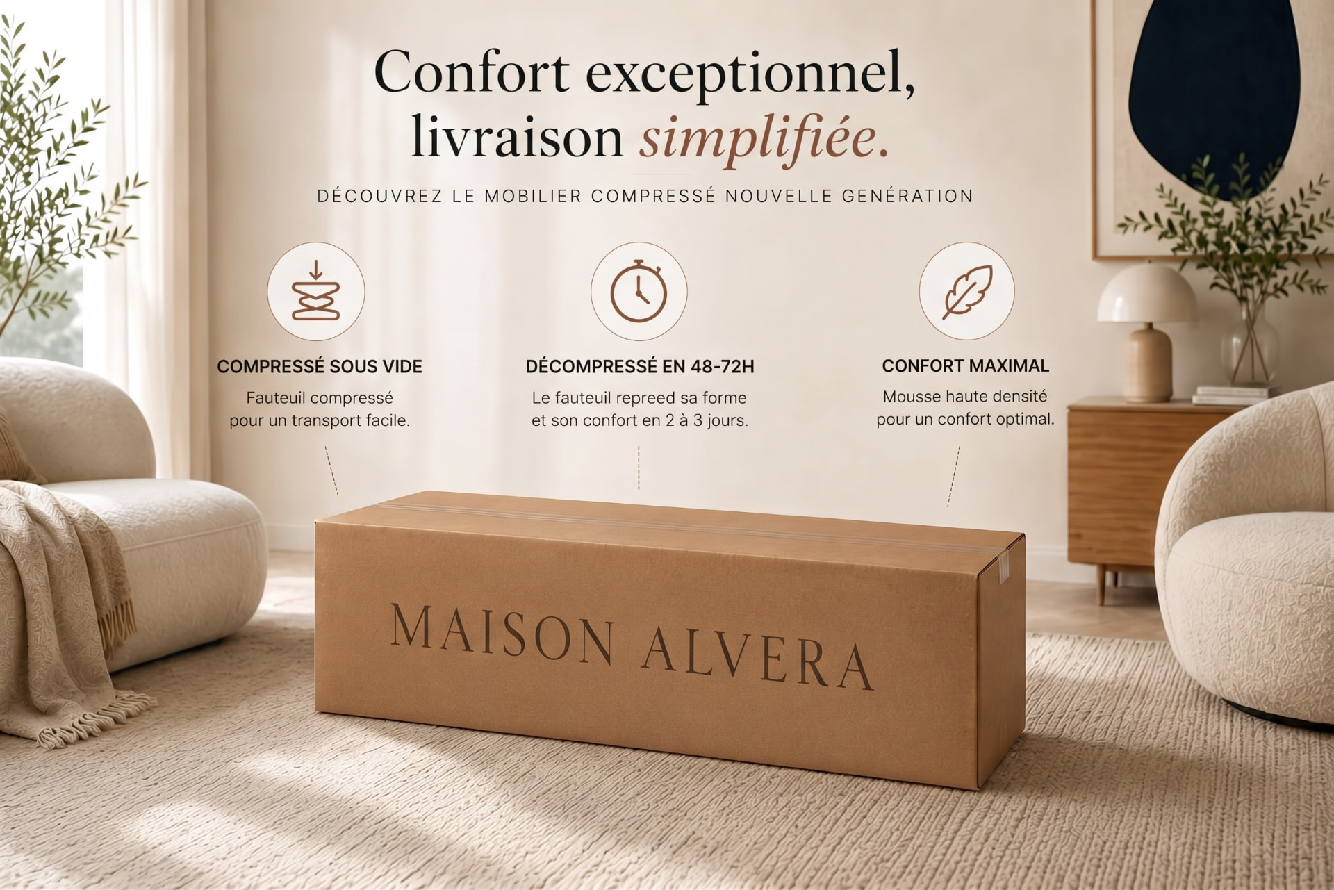 Confort exceptionnel, livraison simplifiée — meuble compressé sous vide dans son carton Maison Auren, décompressé en 48 à 72 heures, confort maximal