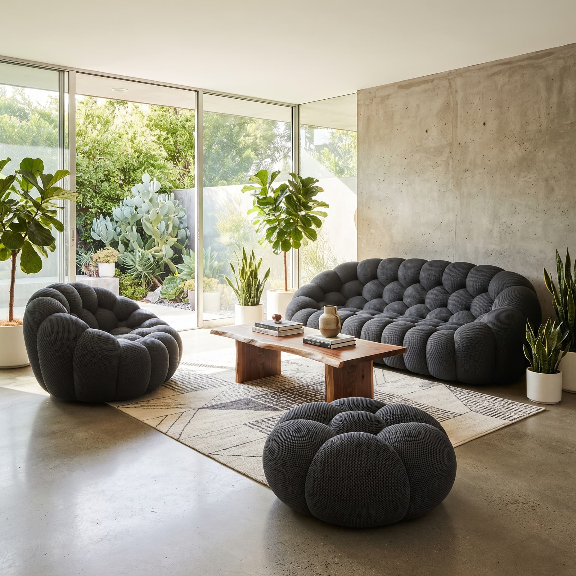Canapé, fauteuil et pouf gris anthracite aux formes organiques dans un salon ouvert