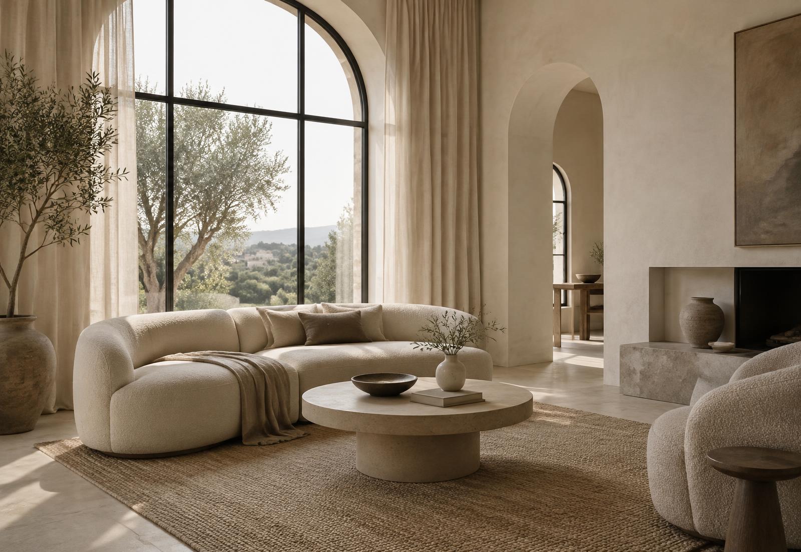 Salon contemporain meublé d'un canapé Maison Auren aux formes arrondies