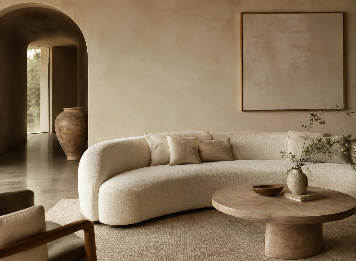 Canapé courbe ivoire dans un intérieur minimal